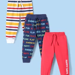 Babyhug Single Jersey Knit Full Length Lounge Pants With Stripes & Text Print Pack of 3 - Navy Blue Pink & White-picture-21