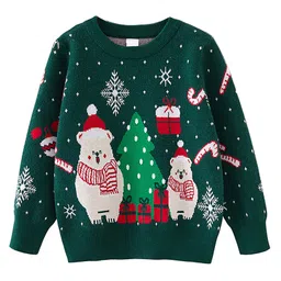 Little Surprise Box Christmas Theme Cotton Knitted Full Sleeves Polar Bears Designed Cardigan - Green-picture-28