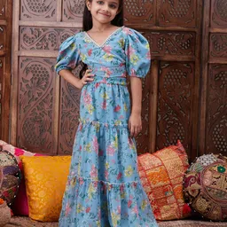 Pspeaches Georgette Half Sleeves Floral Printed & Lace Embellished Top & Skirt Set - Blue-image-28