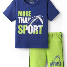 Honeyhap Premium 100% Cotton Knit Half Sleeves Shorts Night Suit with Bio Finish & Sport Theme Print - Limoges & Lime Green-picture-17