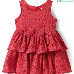Babyoye Woven Sleeveless Solid Party Dress With Lace Detailing & Bow Applique - Red-picture-24