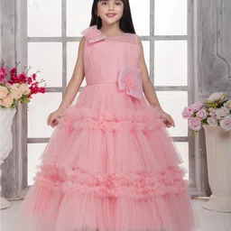 Tiny Kingdom Net Sleevless Floral & Bow Applique Detailed Tiered Gown - Pink-picture-21