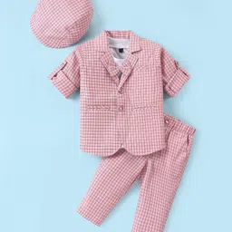 Rikidoos Full Sleeves Checked Blazer With Solid Tee & Coordinating Pant Cap & Attached Bow Set - Pink & Melange-picture-20