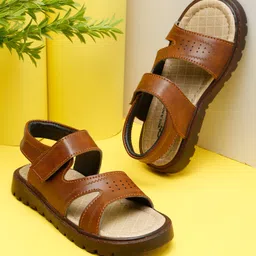 Tiny Bugs Checked Sandals With Velcro Closure - Tan-picture-27