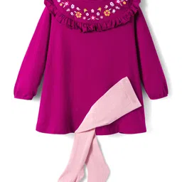 Babyhug Cotton Knit Full Sleeves Frock With Leggings & Floral Embriodery - Pink image 1