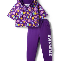 Babyhug Terry Knit Full Sleeves Hooded Top & Lounge Pant Set - Purple-picture-22
