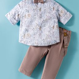 ToffyHouse Interlock Knit Full Sleeves Animal Printed Shirt & Trouser Set with Bow & Suspender - Brown-picture-49