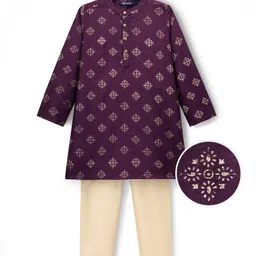 Pine Kids Woven Full Sleeves Kurta Pajama Set With Floral Foil Print - Wine-picture-10