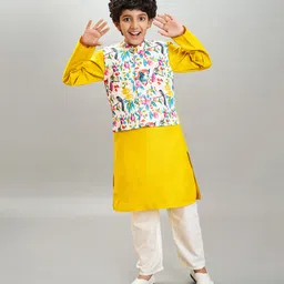 Bittu by bhama Cotton Blend Woven Full Sleeves Solid Kurta Pyjama With Floral & Birds Printed Jacket Set - Yellow-picture-24