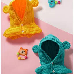 MayRa Knits Hand Knitted Woven Pack Of 2 Solid Crochet Hooded Caps - Orange & Green - Circumference 25 Cm-image-54