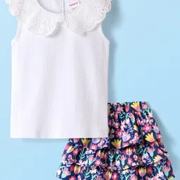 Babyhug Single Jersey Knit Sleeveless Schiffli Peter Pan Collar Top & Skirt Set With Floral Print & Bow Applique - White & Navy Blue image 2