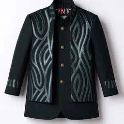 Little Bull Full Sleeves Solid Sherwani & Pant With Abstract Foil Printed Jacket - Green image 2