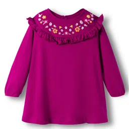 Babyhug Cotton Knit Full Sleeves Frock With Leggings & Floral Embriodery - Pink image 3