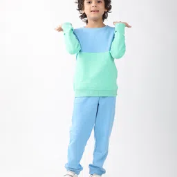 Anthrilo Fleece Knit Full Sleeves Cut & Sew Light Winter Sweatshirt & Joggers Set - Sea Green & Blue image 5