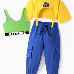 OLLINGTON ST. Cotton Knit Popcorn Half Sleeves Text Printed Top & Jogger with Inner Rib Tee - Multicolor image 5