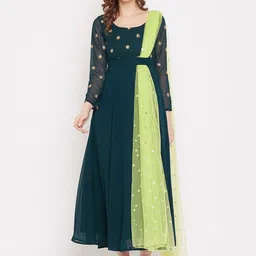 PANIT Women Green Embellished Maxi Dress With Dupatta image 1