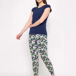 Clovia Blue Cotton Printed T-Shirt Pyjamas Set image 3
