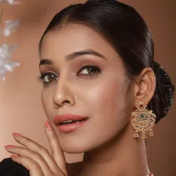 Aatmana Gold-Plated Green & Red Stone-Studded & Beaded Filigree Chand Bali Earrings image 3