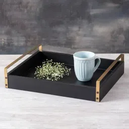 Nestroots MDF Black Serving Tray Wooden Tray Platter for Kitchen Tea Coffee Serving with Gold Handle-image-42