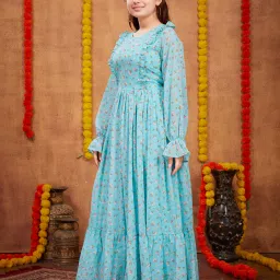 Aarika Kids Turquoise Printed Full Sleeves Dress image 3