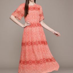 Label Ritu Kumar Women Red & White Ethnic Motifs Georgette Maxi Dress-picture-12