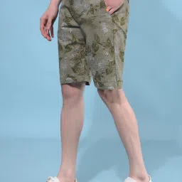 Crimsoune Club Olive Cotton Slim Fit Floral Print Shorts image 3