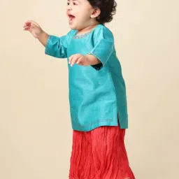Fabindia Kids Teal Blue & Red Cotton Embroidered Full Sleeves Kurta Set image 3