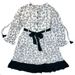 Bella Moda Kids White & Black Cotton Floral Print Full Sleeves Dress image 3