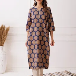 Gazal India Women Ethnic Motifs Printed V-Neck Pure Cotton Handloom Kurti-image-5