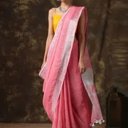 Swtantra Pink Linen Woven Saree-image-68