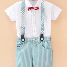 Jash Kids Half Sleeves Shirt & Shorts Set With Suspenders & Bow Striped- Green-image-21