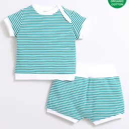 Nino Bambino 100% Organic Cotton Half Sleeves Striped Top With Bloomer - White & Blue-image-72