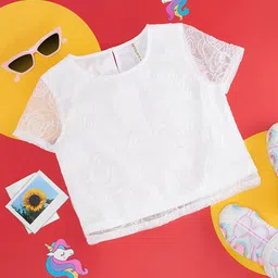 Pantaloons Junior Half Sleeves Threadwork Embroidered Top - White-image-19