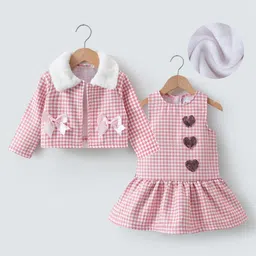 Kookie Kids Full Sleeves Check Shrug with Frock Bow Applique & Beads Detailing - Pink-image-96