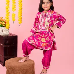 AATYA KIIDS Cotton Full Sleeves Floral Swirl Printed Kurta With Afghani Pant - Pink-picture-20