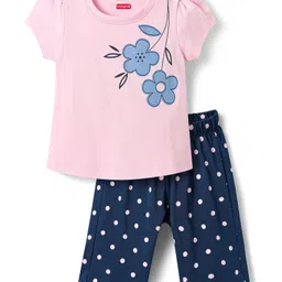 Babyhug Cotton Knit Half Sleeves Capri Night Suit with Floral & Polka Dots Print - Pink & Navy Blue-picture-36