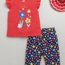 BUMZEE Cotton Knit Frill Sleeves Top & Capri Set With Floral Print - Red & Navy Blue-picture-24
