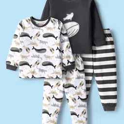 kookie kids india Kookie Kids Single Jersey Knit Full Sleeves Striped & Animal Printed Co-Ord Night Suits Pack of 2 - White & Navy Blue-picture-12