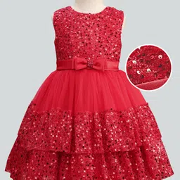 Mark & Mia Cotton Woven Sleeveless Flared Party Dress With Sequins & Bow Applique - Red-picture-34