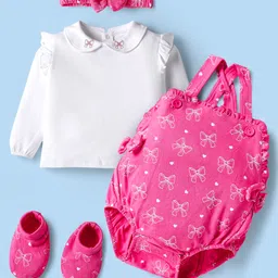 Babyhug 100% Cotton Knit Bow Print & Applique Onesie with Full Sleeves T-Shirt Headband & Booties - Dark Pink-picture-33