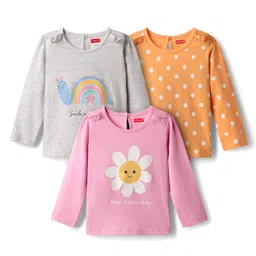 Babyhug 100% Cotton Knit Full Sleeves T-Shirts with Floral & Polka Dots Print Pack of 3 - Grey Pink & Orange-picture-31