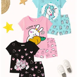 KUCHIPOO Cotton Knit Pack Of 3 Half Sleeves Cute Animals & Heart Printed Tees & Coordinating Shorts Set - Black Pink & Teal Blue-picture-12