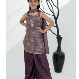 AJ Dezines Georgette Woven Sleeveless Sequins & Gota Lace Embellished Kurti Palazzo Set With Dupatta - Purple-picture-21