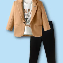 Dapper Dudes Full Sleeves Solid Blazer With Tee & Pant Set - Fawn-picture-36