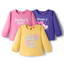 Babyhug 100% Cotton Knit Full Sleeves T-Shirts with Daddys Girl Print Pack of 3 - Purple Pink & Yellow-picture-12
