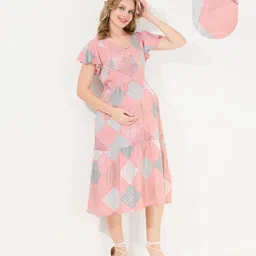 Quira Cotton Blend Woven Half Sleeves Checked & Floral Printed Maternity Dress With Side Zipper Nursing Access - Pink-picture-15