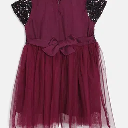 Bella Moda Cap Sleeves Sequins Embellished Bow Applique Net Pleated Dress With Sling Bag - Maroon image 3