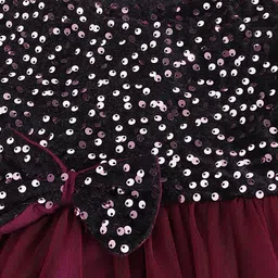Bella Moda Cap Sleeves Sequins Embellished Bow Applique Net Pleated Dress With Sling Bag - Maroon image 4