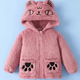Mark & Mia Full Sleeves Front Open Hooded Winter Wear Night Suit with Kitty & Paw Design - Pink image 3