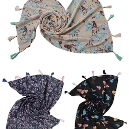 POSHAMPAA be desi Women Pack of 3 Printed Scarf with Tassells image 4